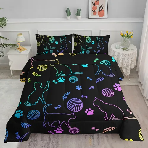 Miniatura 12 de Axolotl - Juego de ropa de cama para niños con diseño de gatos de dibujos animados tamaño individual, juego de edredón con líneas degradadas y lindo
