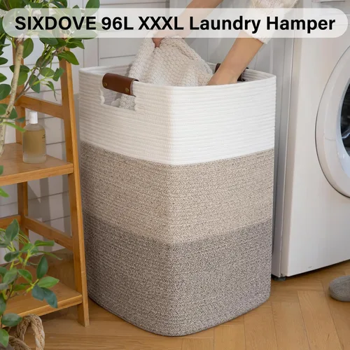 Miniatura 2 de Cesta de Ropa Sucia 96L Extra Grande Cesta de Ropa Sucia, Cesta Tejida para Mantas, Cesta de Almacenamiento Tejida de Algodón con Asas para Sala