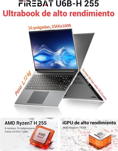 Miniatura 3 de Computadora portátil Ultrabook, Quad HD de 16 pulgadas, AMD Ryzen H 255 de 4.9 GHz, gráficos Radeon 780M, DDR5 5600 MHz RAM, SSD M.2 PCIe, ranura