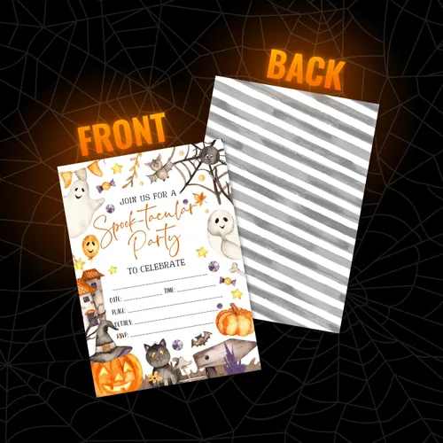 Miniatura 3 de 25 invitaciones espeluznantes de Halloween o fiesta de disfraces: tarjetas grandes de doble cara de 5 x 7 pulgadas con sobres naranjas, calabaza