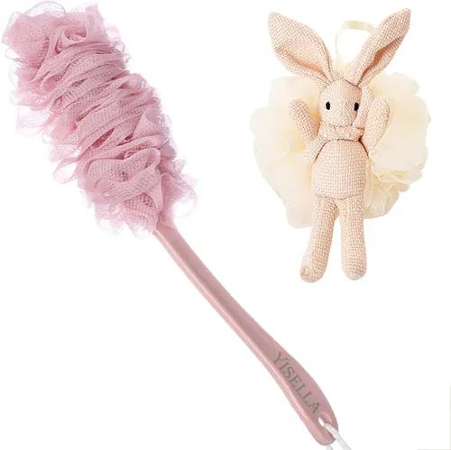 Miniatura 10 de Cepillo de baño de mango largo para ducha + esponja de baño gris Luffa