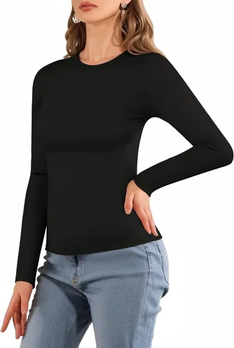 Miniatura 4 de MANGOPOP Camisetas de manga larga con cuello redondo para mujer, camisetas ajustadas con cuello ajustado, camisetas básicas