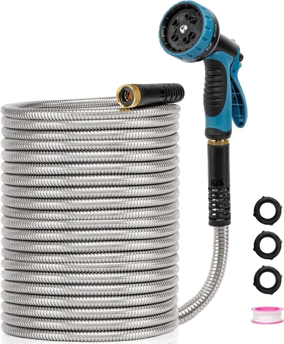 Miniatura 9 de Manguera de jardín de metal con boquilla rociadora, manguera de agua resistente de acero inoxidable de diseño no retorcido de 25 pies x 5/8