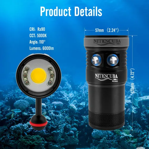 Miniatura 6 de Nitescuba NSS60 Buceo Luz Subacuática Video Luz 6000 Lumen Linterna Impermeable para 100m/330ft CRI=90 Fotografía Subacuática, que se conecta a