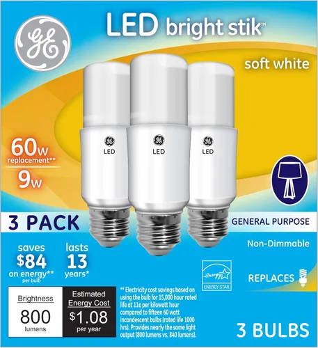 Miniatura 2 de GE Bright Stik - Bombillas LED de 9 W (equivalente a 60 vatios), color blanco suave, base media, no regulables (paquete de 3)