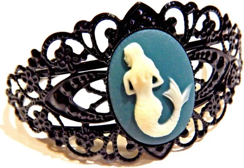 Brazalete de filigrana de sirena de metal negro con diseño de sirena, color verde azulado, color marfil, Metal Metal pintura resina sintética