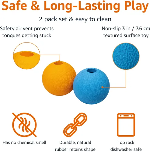 Miniatura 2 de Amazon Basics Juguetes para Perros, Pelotas de Goma Interactivas para Buscar, (Paquete de 2), 3 Pulgadas, Azul, Naranja
