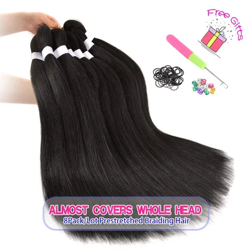Miniatura 4 de Paquete de 8 extensiones de cabello preestirado para trenzar, 30 pulgadas, 3.53 oz/paquete, extensiones preestiradas de alta calidad, ajuste #1B