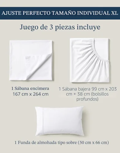 Miniatura 4 de LANE LINEN Juego de sábanas tamaño individual XL de 3 piezas, 100 % algodón orgánico puro tejido de percal, ropa de cama suave y transpirable