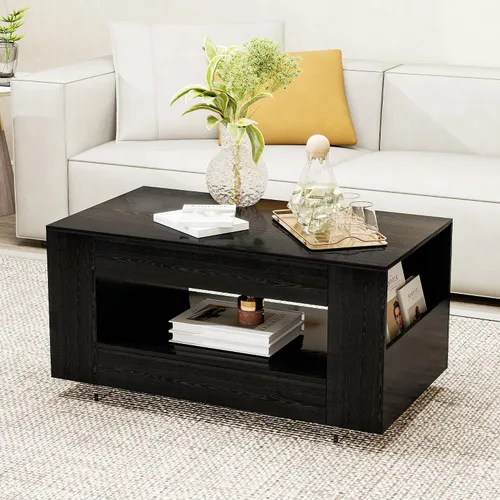 Miniatura 9 de Mesa de centro de grano de madera con estante abierto, mesa de cóctel moderna de alto brillo para sala de estar, dormitorio, oficina