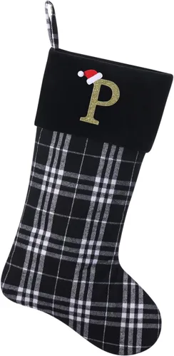 Miniatura 22 de Calcetines de Navidad personalizados con monograma inicial, adornos colgantes, medias clásicas de cuadros negros de 19 pulgadas, decoraciones