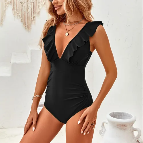 Miniatura 5 de TcIFE Traje de baño de una pieza para mujer, con control de abdomen, volantes, cuello en V, push up, monokinis