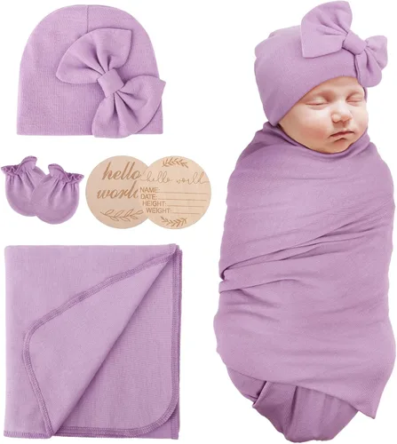 AQOKKA Manta de Recepción para Recién Nacido con Gorro de Lazo Mitones Juego de Tarjetas de Madera para Recién Nacidos Niños Pequeños Bebé Niño Niña