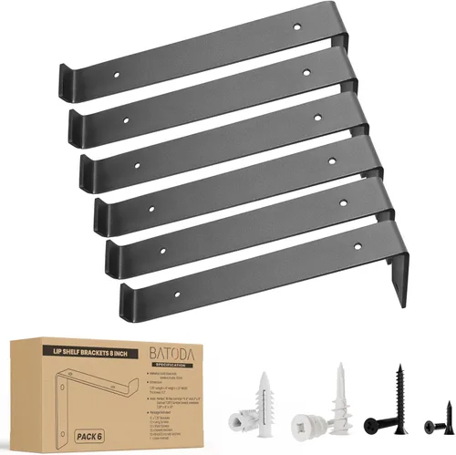 BATODA Paquete de 6 soportes de estante de 8 pulgadas con borde (tablero de 7.25 pulgadas) - 6 soportes de estante Z color negro - Soportes de