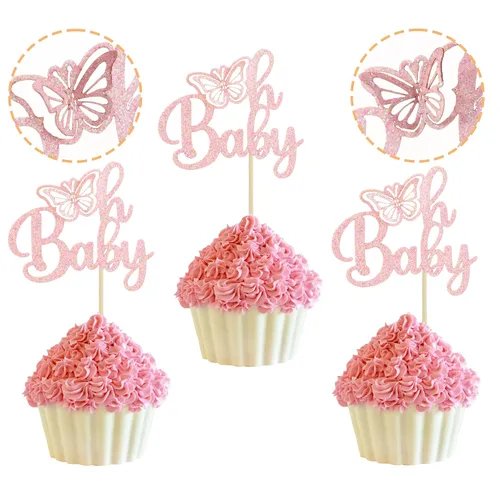 Gyufise 24 piezas de decoración de mariposa rosa claro con purpurina Oh Baby Butterfly - Decoración de mariposa para baby shower Girl - Suministros