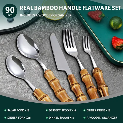 Miniatura 2 de juegos de cubiertos plateados de bambú, juegos de cubiertos de bambú para 18, juegos de cubiertos de cocina domésticos, se recomienda lavar a mano