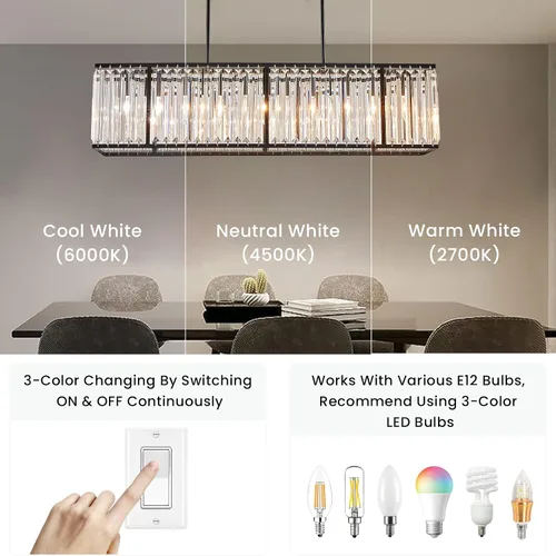 Miniatura 3 de Siljoy Candelabro rectangular moderno de cristal, 5 luces, color negro, rectangular, con forma de gota de lluvia, lámpara de techo colgante lineal