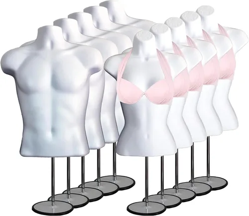 Miniatura 17 de Torso de maniquí masculino y femenino con soporte de metal, cuerpo hueco en la espalda, forma de vestido apilable para exhibición de camisetas, Gris