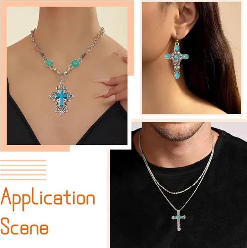 Miniatura 4 de Pandahall - 14 dijes de cruz de piedra turquesa, estilo tibetano, turquesa, gran colgante, aleación, religión, cruz, joyería de turquesa occidental