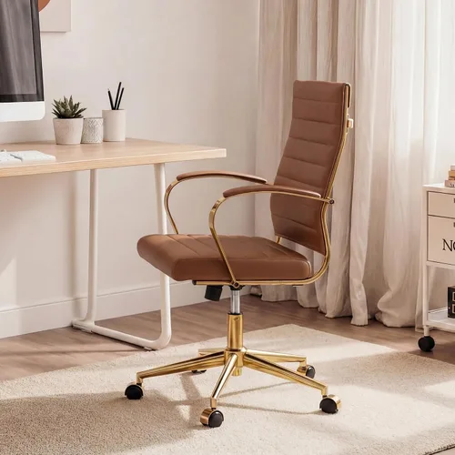 Miniatura 6 de Okeysen Silla de escritorio de oficina dorada, sillas ergonómicas de cuero modernas para sala de conferencias, silla ejecutiva acanalada ajustable