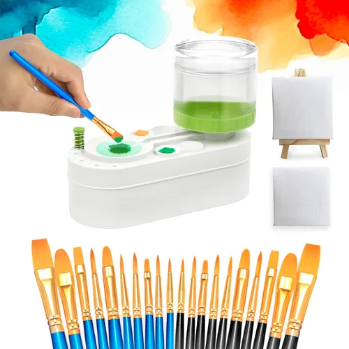 Limpiador de pinceles de pintura verde con 20 pinceles de pintura, 2 mini lienzos, 1 mini soporte de caballete, no requiere montaje (verde, 20