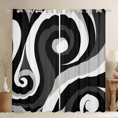 Miniatura 10 de Cortina de ventana de rayas rojas y negras, cortinas abstractas con ondas circulares, cortinas geométricas para tratamiento de ventanas para niños