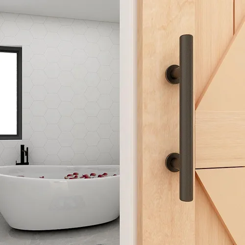 Moderno tirador de puerta corrediza de granero de 9.5 pulgadas con juego de accesorios empotrados, diseño rústico, acabado con recubrimiento en