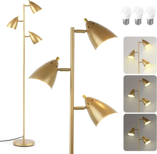 Lámpara de pie estilo árbol LALISU para sala de estar, lámpara de pie industrial de 3 luces con 3 bombillas LED, cabezas giratorias ajustables,