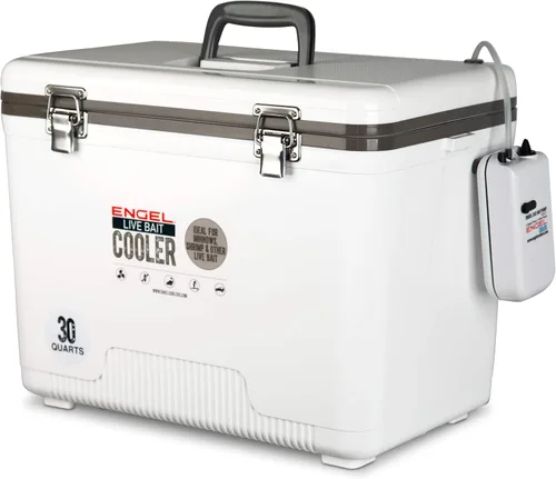 Engel Caja enfriadora de cebo vivo con bomba aireadora de 2ª generación de 2 velocidades, estación de pesca portátil y cubo de pececillos para Blanco