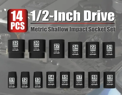 Miniatura 2 de EPAuto Juego de dados de impacto métricos poco profundos de 1/2 pulgada, Cr-V, 6 puntos, 14 dados