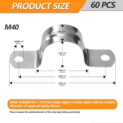 Miniatura 4 de Paquete de 60 correas de tubo de acero inoxidable M40 (1-1/2 pulgadas), abrazaderas de soporte en U resistentes con 2 agujeros para fijación rígida
