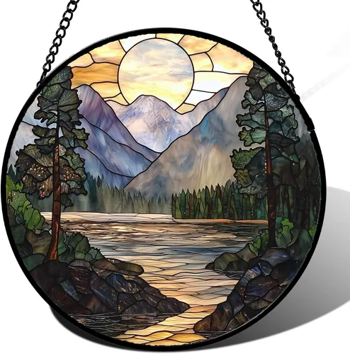 Colgador de vidrieras para colgar, atardecer montañas, lago, árbol, atrapasoles para ventana, decoración del hogar, paisaje, día de la madre,