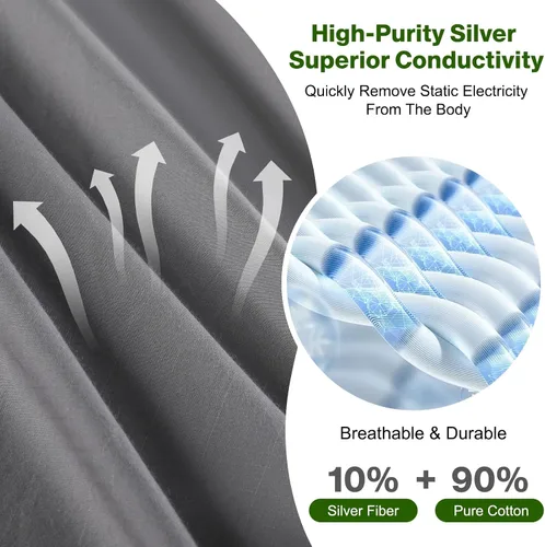 Miniatura 2 de Sábanas de conexión a tierra tamaño Queen, sábana bajera ajustada para cama con 10% fibra de plata pura + 90% algodón orgánico, para mejorar el Gris