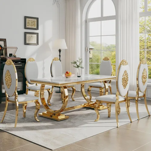 Miniatura 23 de Juego de mesa de comedor de 7 piezas, mesa de cocina de lujo de mármol sintético blanco de 70 pulgadas y 6 sillas copetudas de terciopelo beige