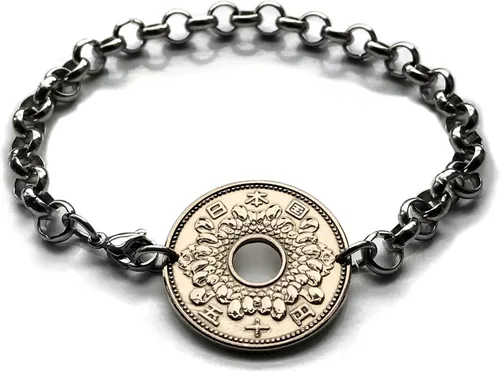 1963 Japan Nippon 50 Yen coin bracelet Chrysanthemum flower Tokyo Kobe Osaka Yokohama Fukuoka Sendai Nagoya Sapporo Okinawa Hiroshima Chiba Saitama