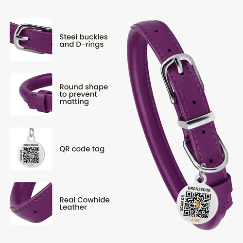 Miniatura 3 de BRONZEDOG Collar de perro de cuero enrollado para perros pequeños, medianos y grandes con etiqueta de identificación QR (ciruela, XS: 9-11 pulgadas)
