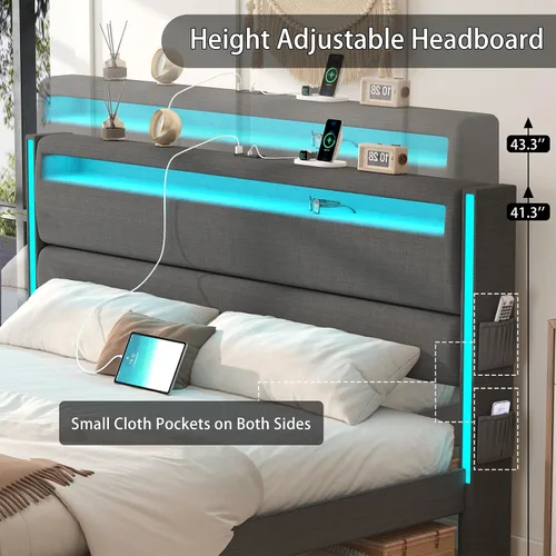Miniatura 5 de CSZZD Base de cama tamaño King con cabecero ajustable, plataforma de cama tamaño King con iluminación, base de cama tapizada de metal tamaño King