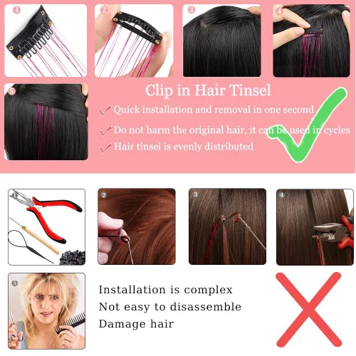 Miniatura 4 de Paquete de 12 extensiones de cabello de oropel con clip, paquete de 12 unidades, 20 pulgadas, extensiones de cabello de oropel con purpurina, negro#