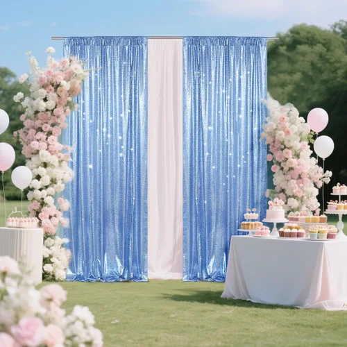 Miniatura 4 de PartyDelight Cortinas de fondo de lentejuelas color azul bebé, 2 paneles de 2 x 8 pies, alta densidad de 0.118 in, fondo de lentejuelas brillantes
