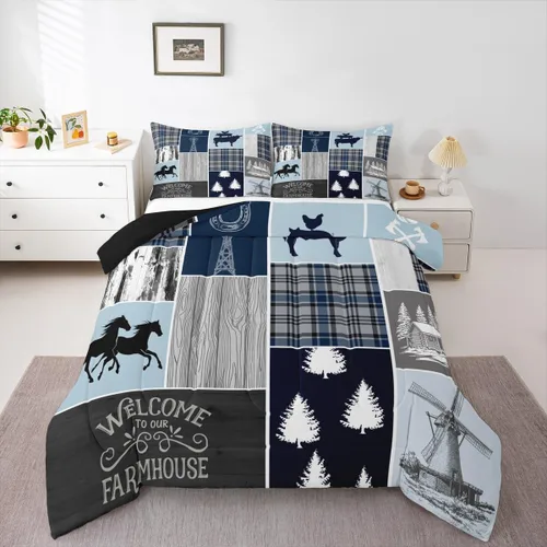 Miniatura 250 de Juego de edredón de oso y ciervo, tamaño individual, ropa de cama de animales salvajes de caza, colcha rústica de cabaña, casa de campo, cuadros