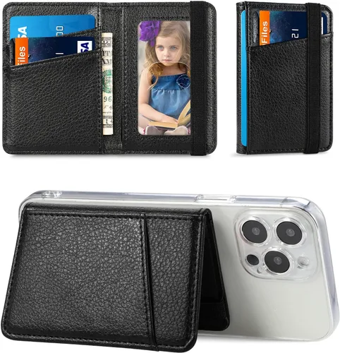 Funda tipo cartera para teléfono, tarjetero para la parte posterior del teléfono, funda de piel con tapa compatible con iPhone, Samsung Galaxy Negro