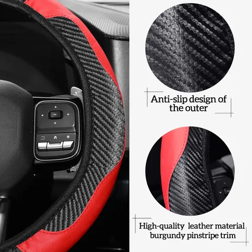 Miniatura 7 de Riakrum 30 piezas de set de accesorios para automóvil rojo y negro, cubierta de volante de cuero PU, accesorios para interior de auto, regalo, tiras