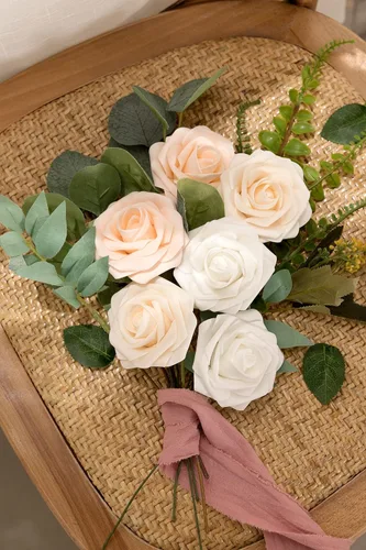 Miniatura 147 de N&T NIETING Flores artificiales, rosas artificiales de color rosa intenso, 50 piezas de flores falsas con tallo para ramos de boda DIY, centros