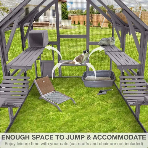 Miniatura 4 de Gran recinto para gatos Catio al aire libre, resistente a la intemperie, con techo impermeable, múltiples plataformas, hamaca para cueva de gato