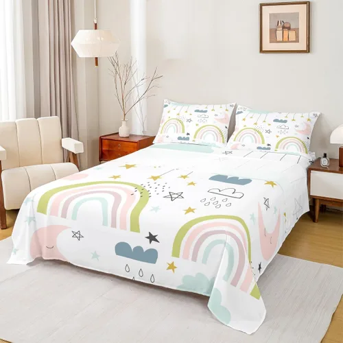 Miniatura 35 de Outer Space - Juego de sábanas tamaño matrimonial para niñas y niños, diseño de arco iris, galaxia, estrellas, planeta, kawaii, pastel, rosa, azul