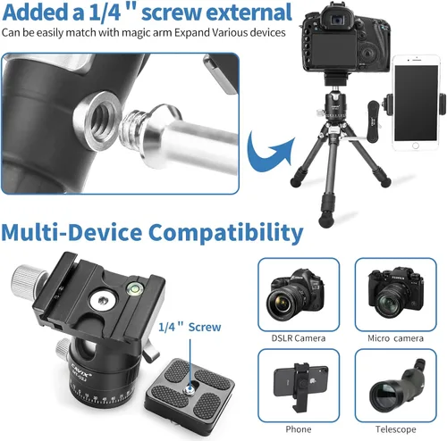 Miniatura 6 de CAVIX Mini trípode de viaje con cabezal esférico de 360° ligero trípode compacto de fibra de carbono para cámara