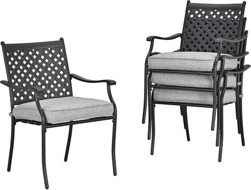 Miniatura 13 de Lokatse Home. Juego de 4 sillas para comedor de hierro forjado para exteriores, con brazos y cojines de asiento. Negro