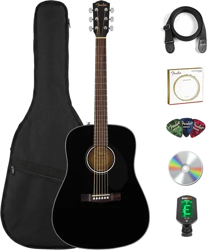 Fender Guitarra acústica FA-125 Dreadnought - Paquete negro con estuche, afinador, correa, cuerdas, púas y DVD instructivo de Austin Bazaar