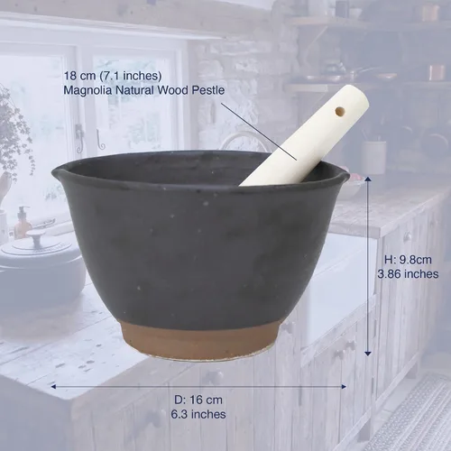 Miniatura 2 de Asayu Japanese Ceramic Black Mortar Bowl with Wooden Pestle 6.3 in (160 mm), Made in Japan Dishwasher and Microwave Safe Ripple Ridge Suribachi and