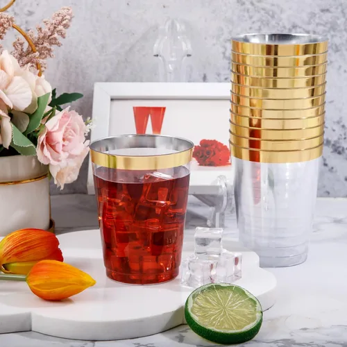 Miniatura 4 de DaYammi Paquete de 200 vasos de plástico dorados de 10 onzas, vasos de vino desechables con borde dorado, vasos de vino desechables de lujo, vasos